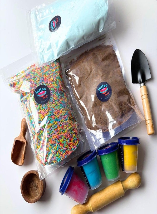 Lattooland Sensory Starter Kit for Kid | Taste-Safe Rice, Play Dirt, Clay Dough & Goo Powder | Wooden Farm Animals & Fruits | Child-Safe Sensory Wooden Tools | Transparent Tray | Bowl, Scoop & Roller - Image 1